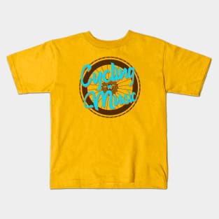 Cycling and music lettering design over a bicycle wheel and chains Kids T-Shirt